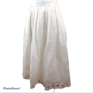 Cottage Core Vtg 80's Linen & Lace Pleated Midi Skirt 8 Cream